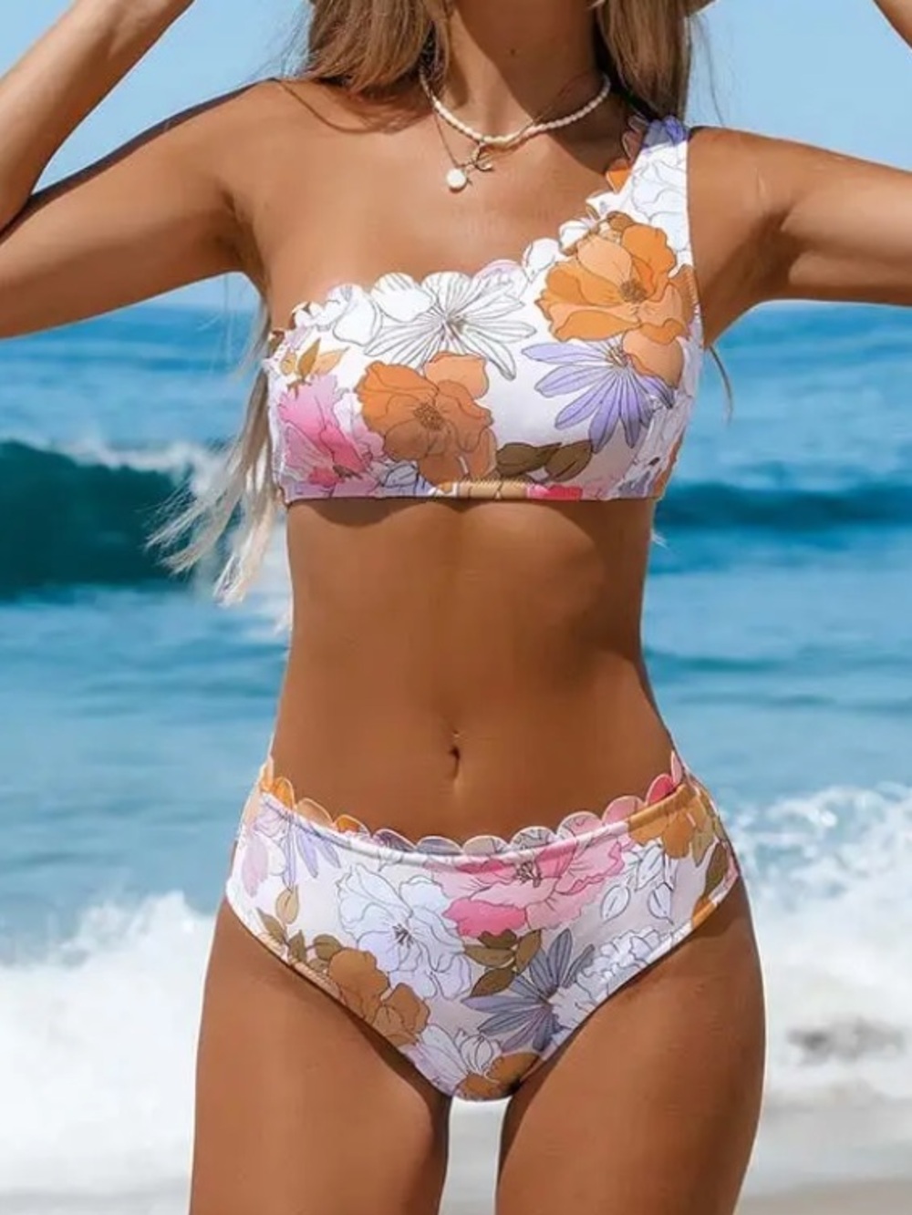 Floral One-Shoulder Bikini Set in Pink & Orange hipster scalloped New Medium